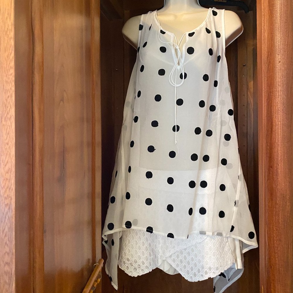 White Sheer Top with White Black Embroidered Polka Dots from Esley-NWT
